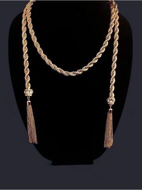Gold Rope Lariat Necklace with Decorative Tassels - Gold